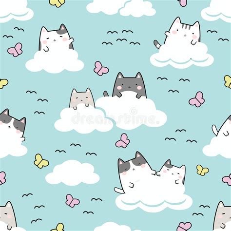 Nahtlose Muster Kawaii Cute Cats Im Himmel Vektor Abbildung