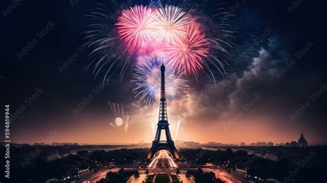 Eiffel Tower with fireworks in the colors of the French flag at night ...