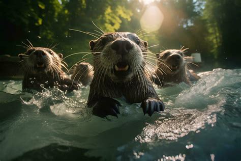 Group Of Playful Otters Swimming In The River AI Generative 31515458