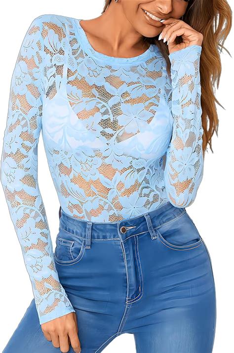 Wdirara Womens Floral Embroidery Mesh Lace Round Neck Long Sleeve Top At Amazon Womens