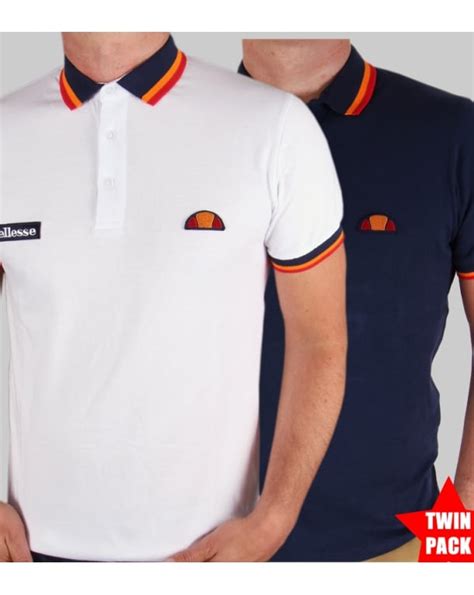 Ellesse Elite Tipped Polo Shirt Twin Pack White Navy Ellesse