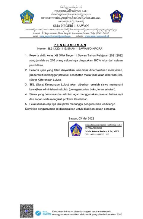 Pengumuman Kelulusan Siswa Kelas Xii Tahun Sma Negeri Sawan