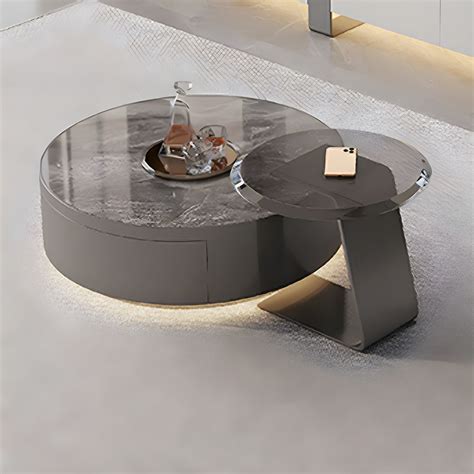 Modern Round Stone Coffee Table Set In Gray With Storage Drawers L