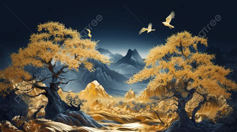 Golden Tree And Mountain Art Mural Wallpaper On A Dark Blue Background