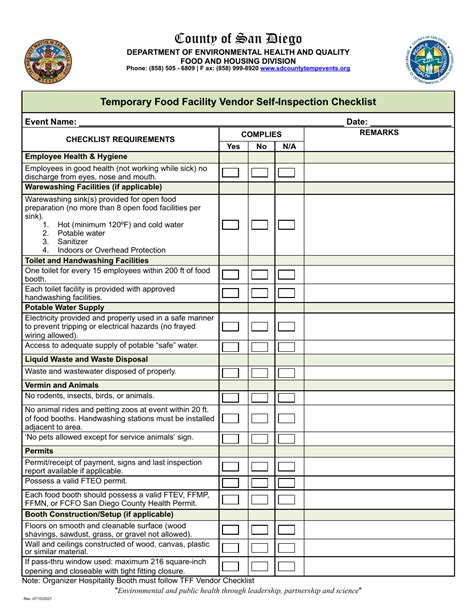 County Of San Diego California Temporary Food Facility Organizer Self Inspection Checklist