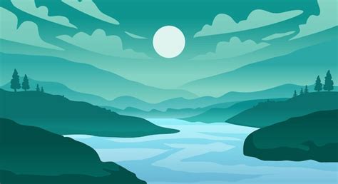 Premium Vector Beautiful Mountain Forest And River Landscape Background