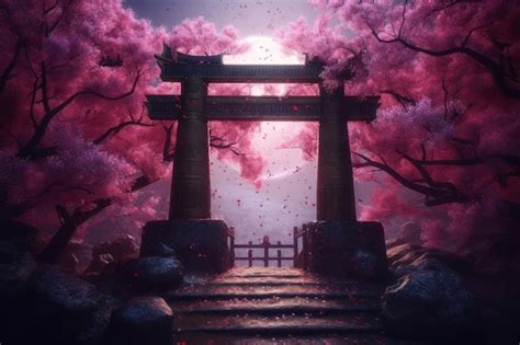 A digital painting of a japanese gate with a moon in the background ...