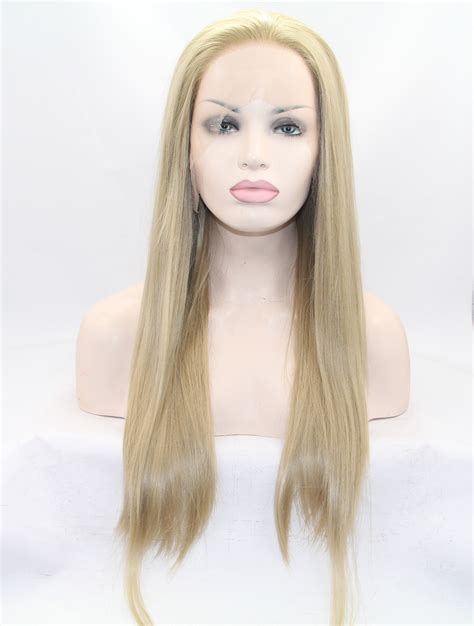 Lace Front Colorful Wigs Without Bangs 24 Straight Blonde Synthetic