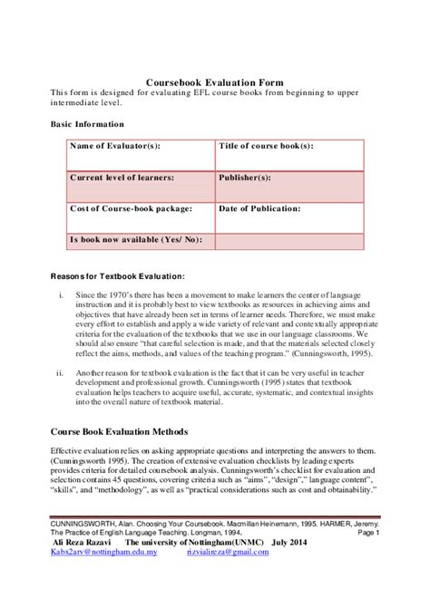 Esl Efl Course Book Evaluation Checklist Alireza Rizvi