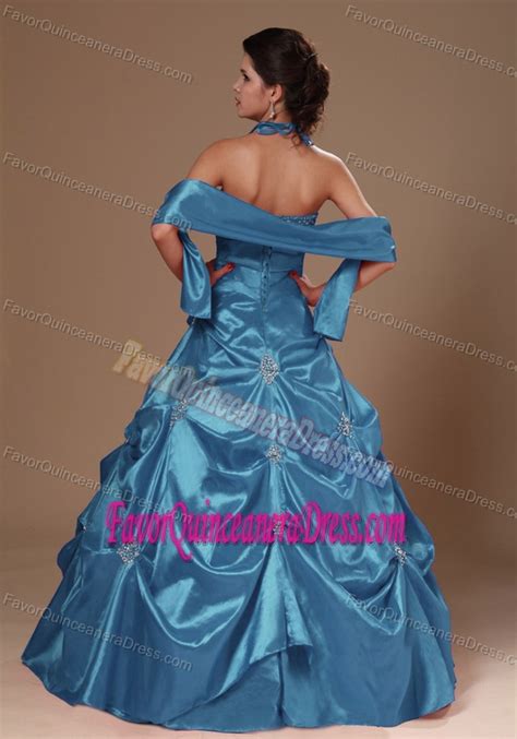 Wonderful Halter Appliqued Taffeta Quinceanera Dress With Pick Ups And