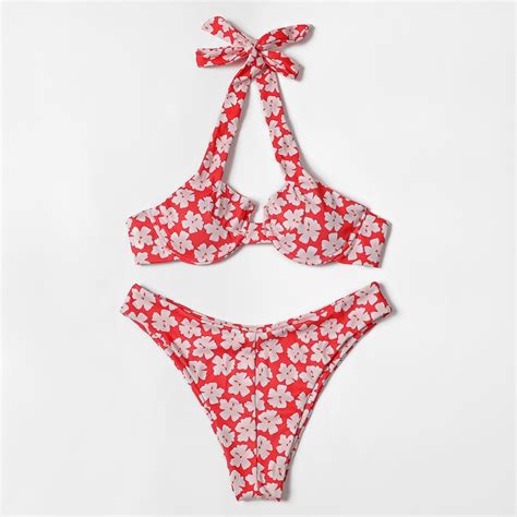 Women Floral Print Halter Triangle Bikini Set Swimwear Set China Sexy