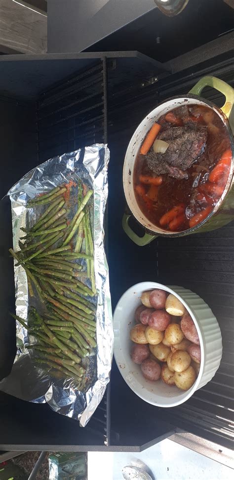 Attempted A Chuck Roast And Sides Today Super Happy With How They Turned Out Traeger