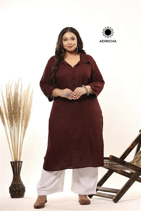 Shop Now Plus Size Coffee Brown Shirt Collar Kurti - ADIRICHA