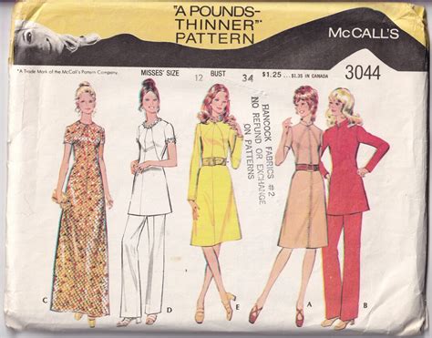 Vintage 1971 Mccall S 3044 Sewing Pattern Misses Dress Or Tunic And