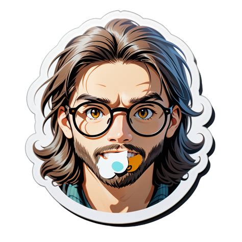 I Made An Ai Sticker Of 20 Year Old Man With 5 Mm Long Hair And Round Black Glasses Round Face