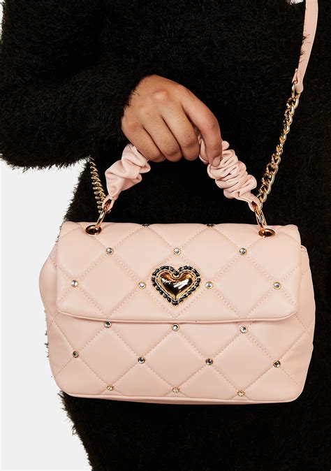 Betsey Johnson Heart Rhinestone Quilted Scrunch Top Handle Crossbody