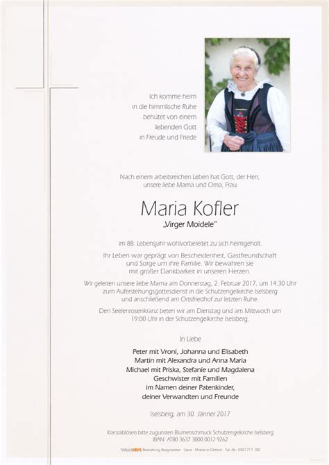 Todesanzeige Maria Kofler Trauer Link