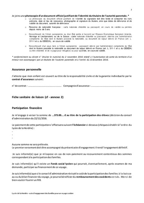 Acte D Engagement Des Familles Pour Un Voyage Scolaire Doc Pdf