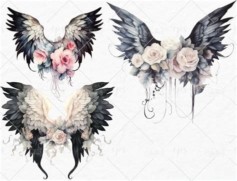 Gothic Floral Angel Wings Clipart Watercolor Clipart Feather - Etsy