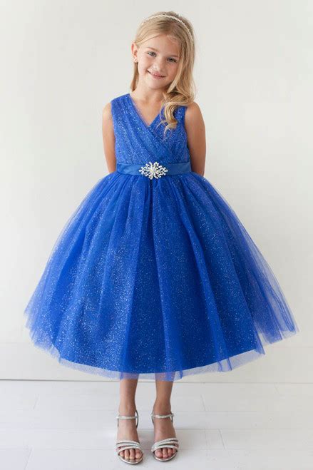 Royal Blue Glitter V Neck Tulle Dress w/ Rhinestone Brooch - Pink Princess