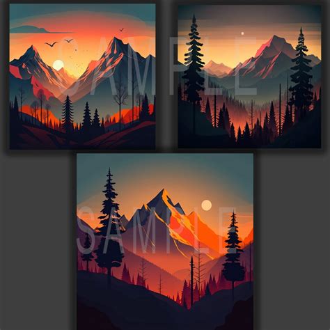 Minimalistic Mountain Sunrise 1 digital Set of 3 - Etsy