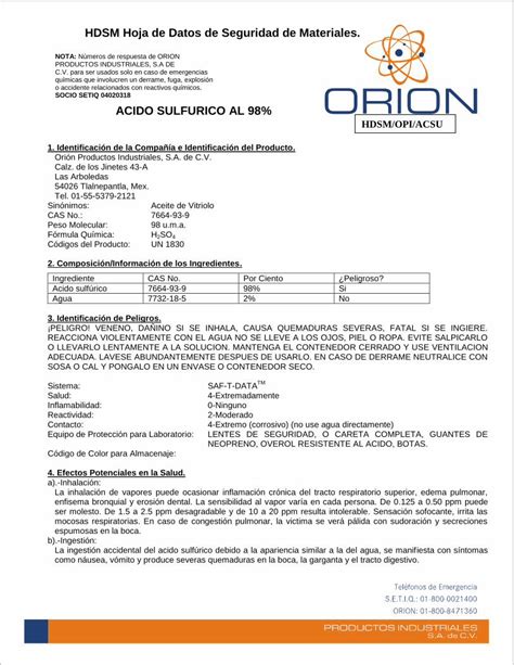 PDF HDSM Hoja De Datos De Seguridad De Materiales Acido Sulfurico Al