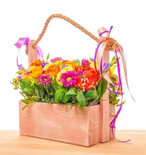 Beautiful Festive Bouquet of Different Flowers in Wooden Gardening Bucket Isolated on White ...