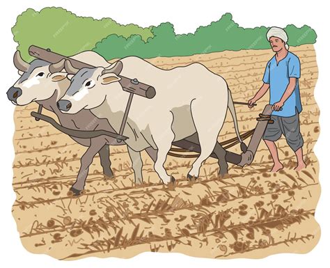 Premium Vector Farmer Ploughing The Fields With Bullock Cart