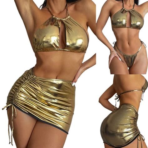 Pcs Womens Sexy Metallic Bikini Set Halter Thong Bathing Suit Swimsuit Swimwear EBay