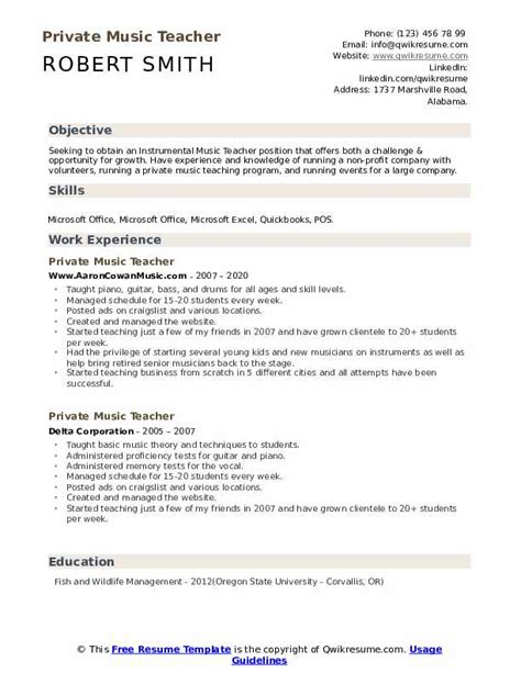 Private Music Teacher Resume Samples Qwikresume