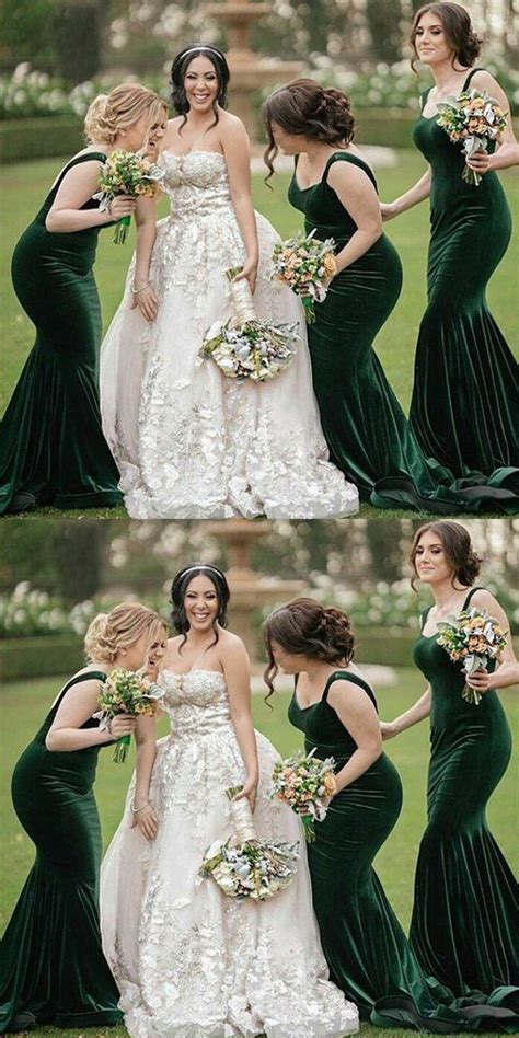 Long Dark Green Velvet Bridesmaid Dresses With Double Straps