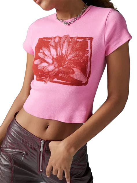 Kishawna Women S Sketch Lotus Print Short Sleeve Cropped Basic T Shirts