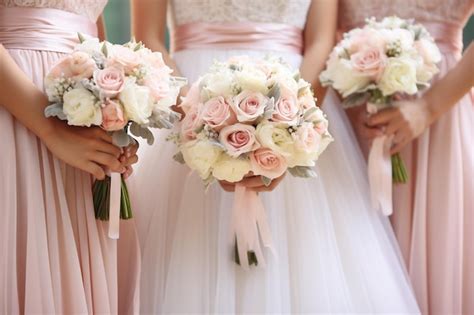 Premium Photo Bride And Bridesmaids Holding Their Bouquets Together