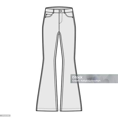 Jeans Flared Bottom Denim Pants Technical Fashion Illustration With Full Length Low Waist Rise 5