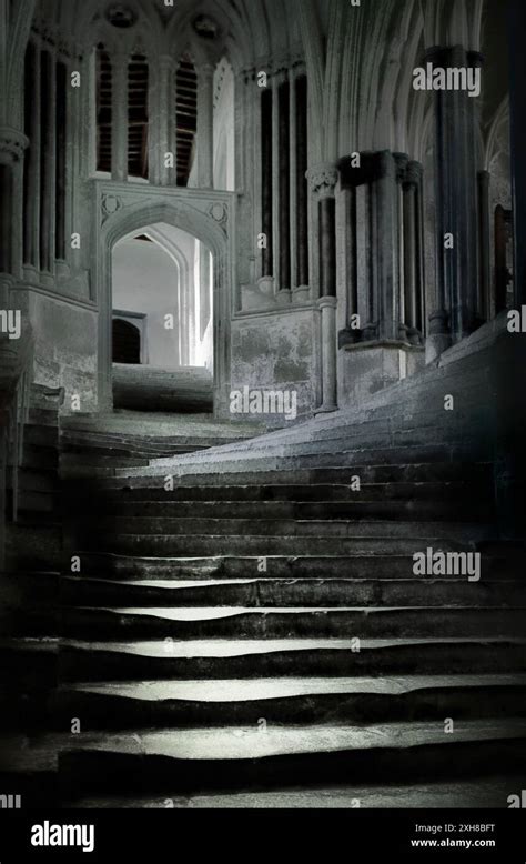 Wells Cathedral The Time Worn Chapter House Stone Steps Known As The Sea Of Steps Somerset