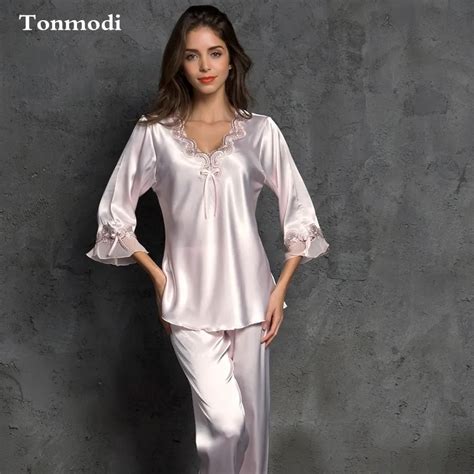 Silk Pajamas Set For Women Sleepwear Silk Sexy V Neck Lace Stitch Pijamas Ladies Silk Pyjamas