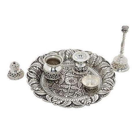 GOLDGIFTIDEAS 7 Inch Pure Silver Traditional Pooja Thali Set For Home