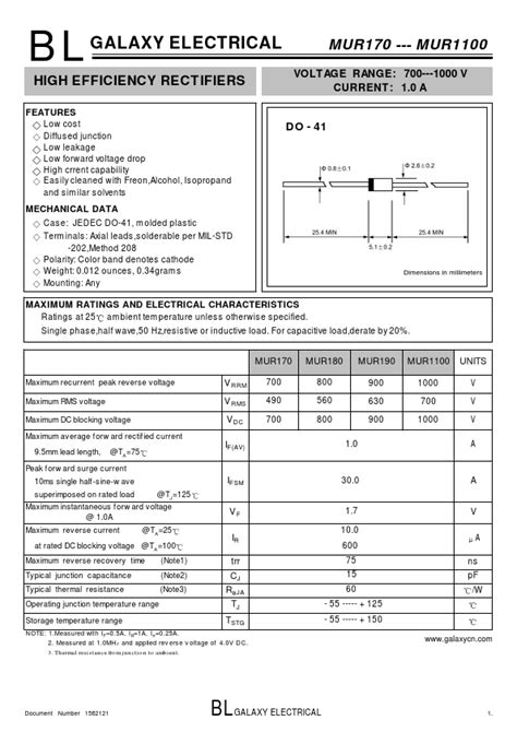 Mur Datasheet High Efficiency Rectifiers