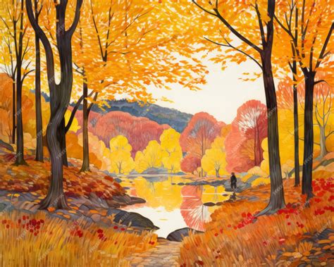 Premium AI Image | a painting of an autumn scene with trees and water