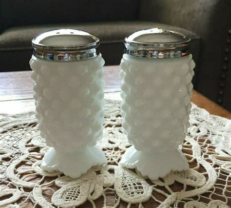 Fenton Hobnail Salt Pepper Shakers White Milk Glass W Scalloped