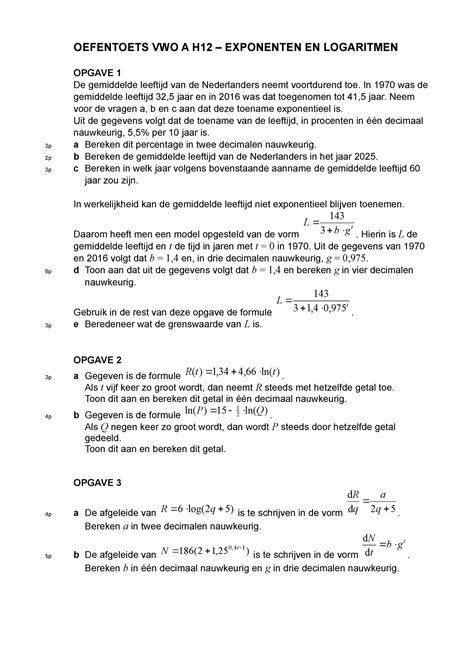 L6 Wiskunde A Oefentoets Hoofdstuk 12 Exponenten Inclusief