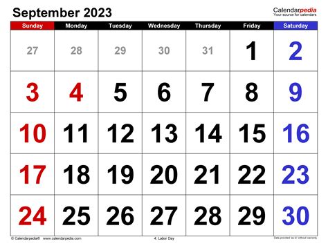 September 2023 Calendar | Templates for PDF, Excel and Word