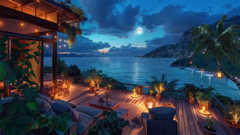 Seaside Night Ambience In Super Luxurious Hotel Enjoy Ocean Waves