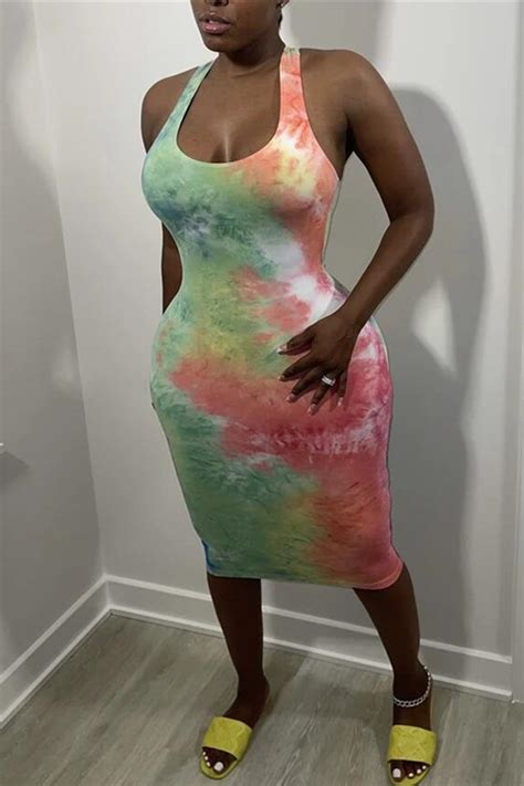 Wholesale Multicolor Fashion Sexy Tie Dye Printing U Neck Vest Dress K25023 1 Online