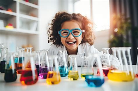 Chica científica enfocada feliz en gafas de seguridad haciendo