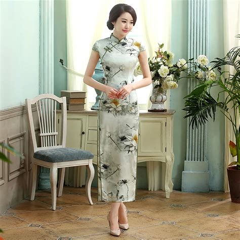 Shanghai Story High Split Long Cheongsam Faux Silk Cheongsam Qipao