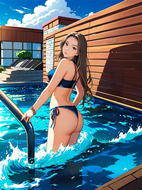 Vibrant Anime Woman In Blue Bikini By Pool