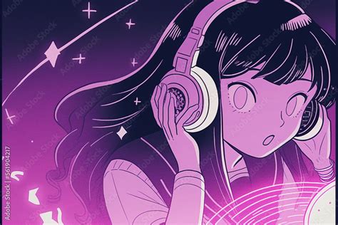 Cute Anime Girl Listening To Music Stock Illustration Adobe Stock