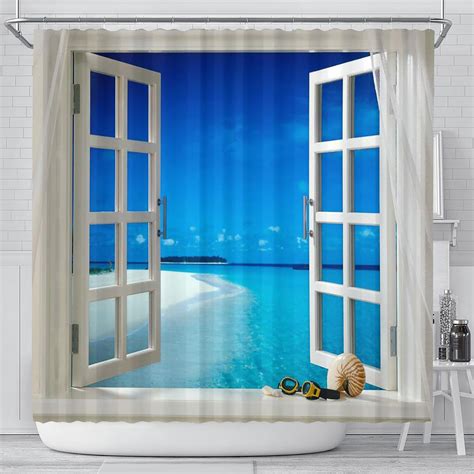 Ocean View Shower Curtain Bathroom Decor Window Sea View Etsy