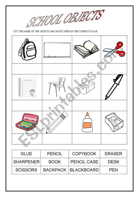 School Objects Cut And Paste Esl Worksheet By P S Rocha